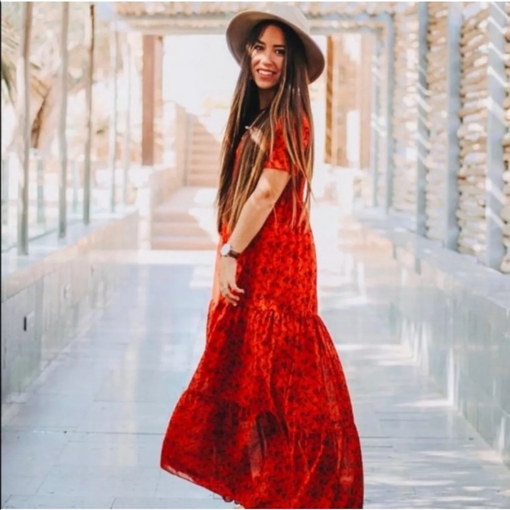 ZARA Dress Red Black Floral Print Smocked Tiered Maxi